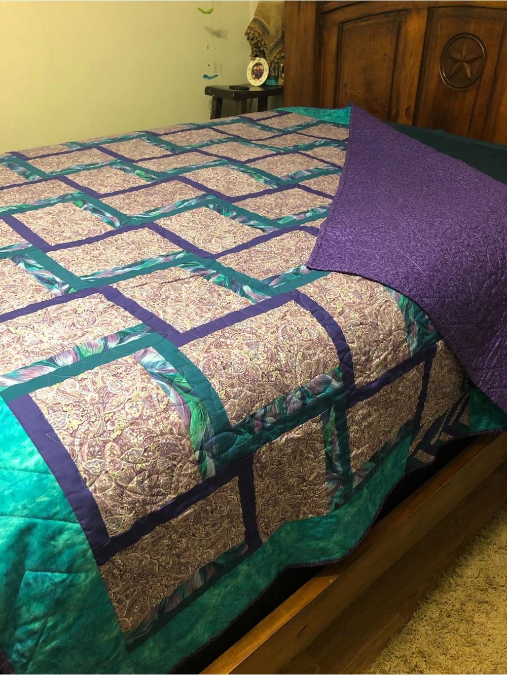 HAND PIECED  - ONE OF A KIND 
Purple and Teal Patchwork Quilt